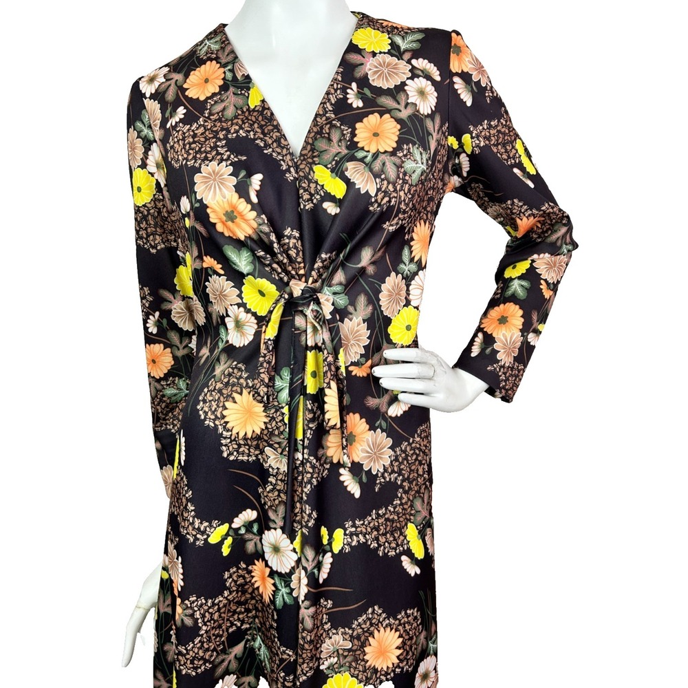 70s Floral Maxi Dress Size 8-10 M-L Brown V-Neck Twist Front Long Sleeve EUC - Picture 4 of 12